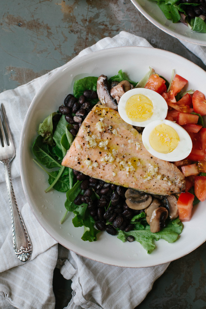 Protein Packed Salmon Salad with Black Beans, Egg, Mushrooms, and