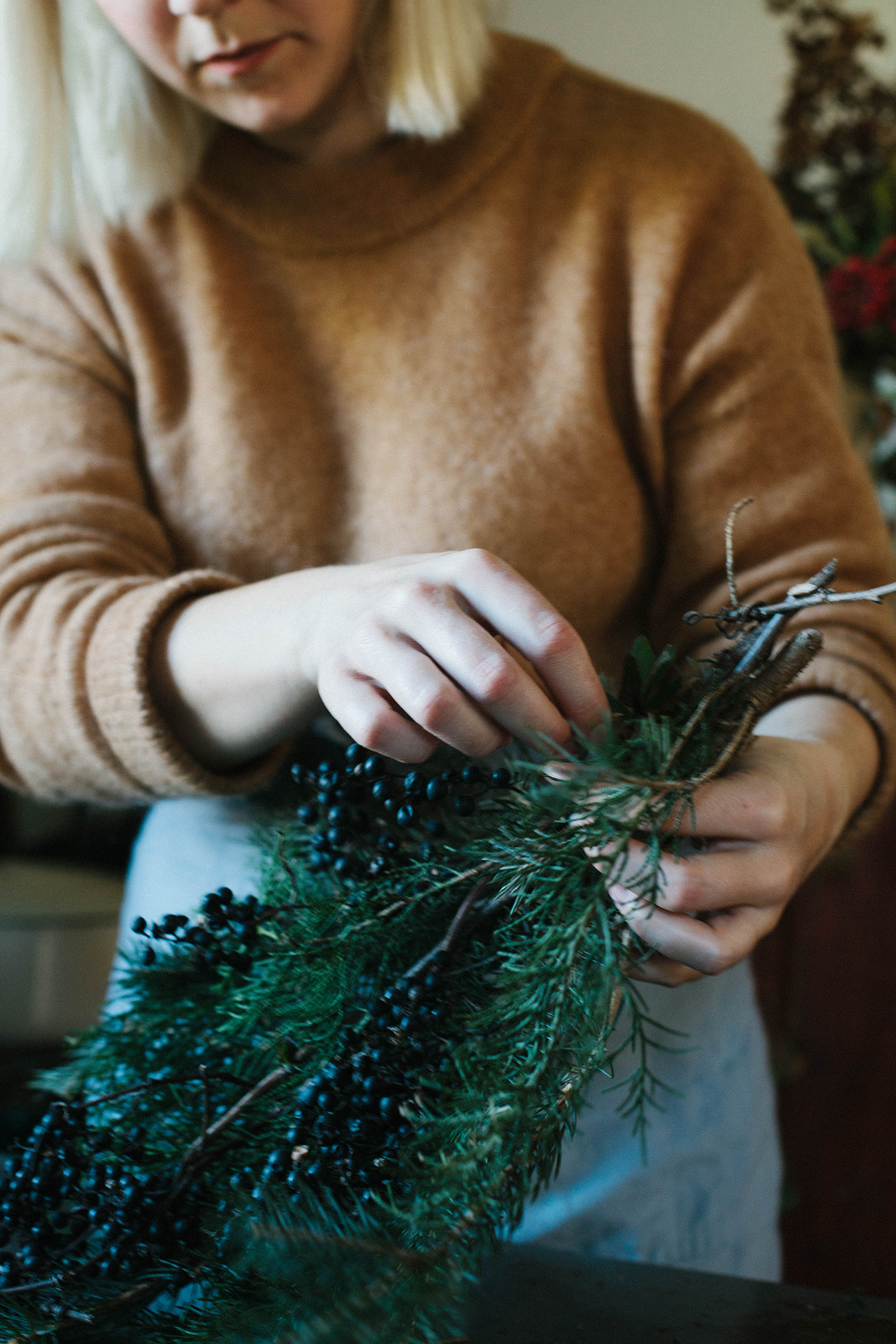Wild berries and foraged pine for a DIY holiday wreath