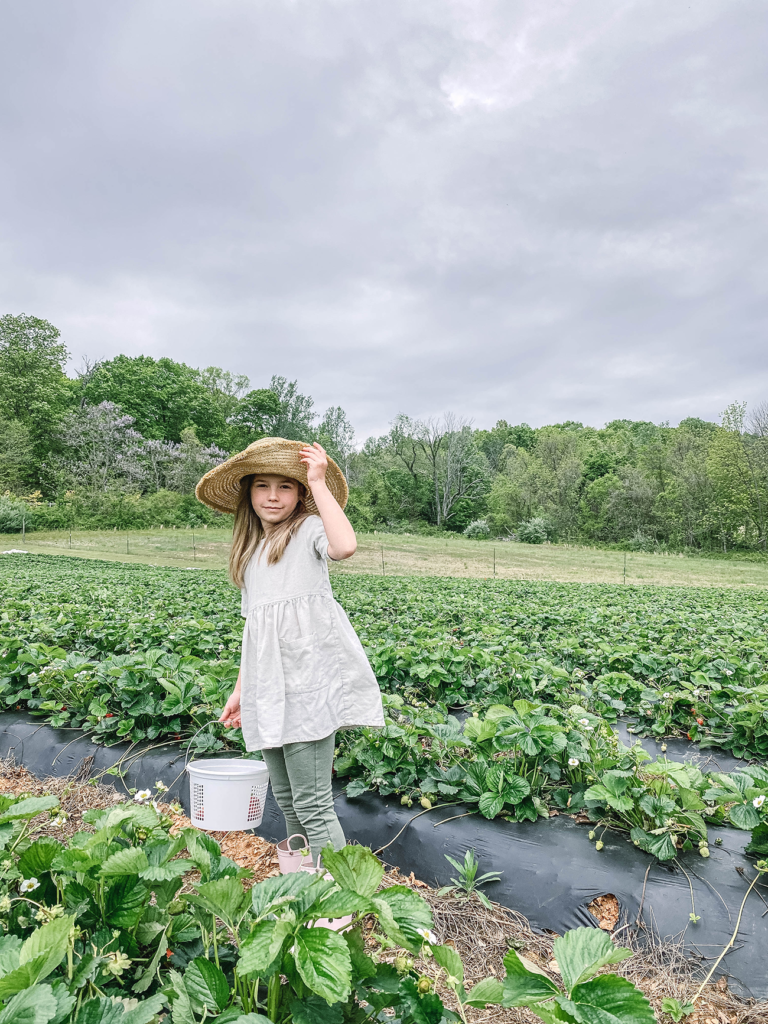 Zoe standing in the strawberry field with a straw hat